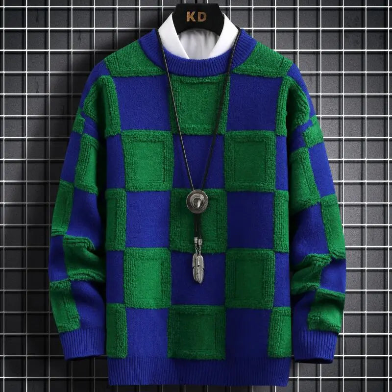 Thick Knitted Checkered Pattern Sweater