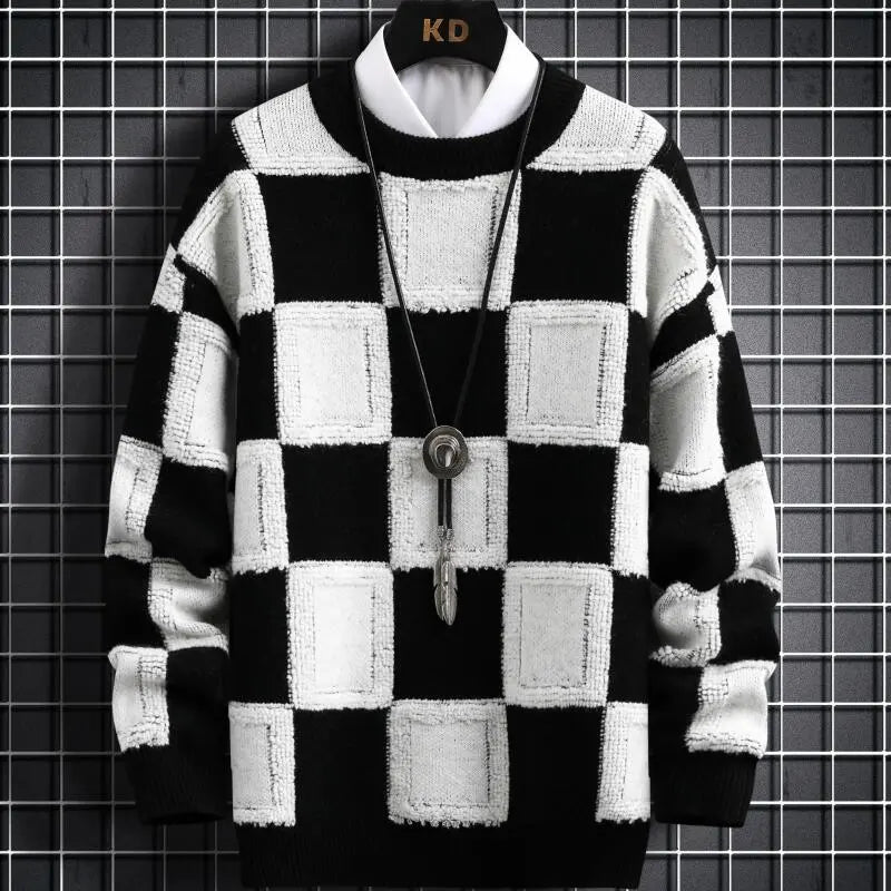 Thick Knitted Checkered Pattern Sweater