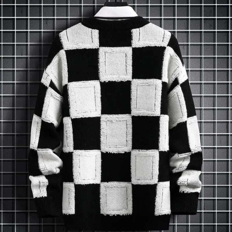 Thick Knitted Checkered Pattern Sweater