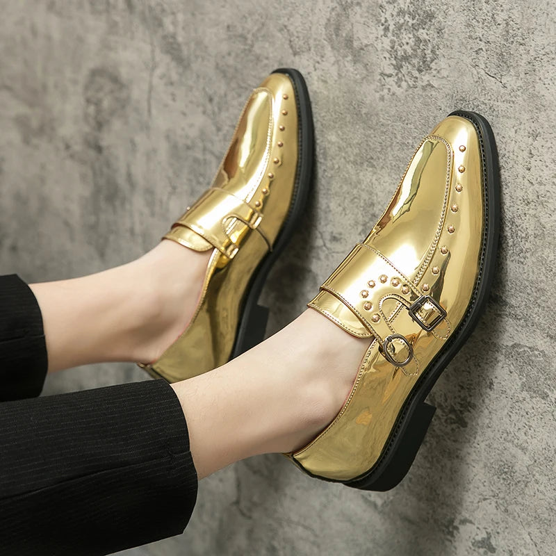 Shiny Color Rivet Leather Monk Shoes