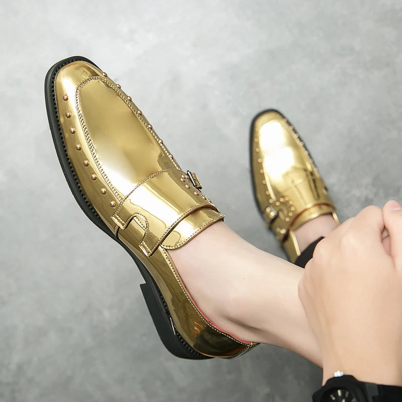 Shiny Color Rivet Leather Monk Shoes