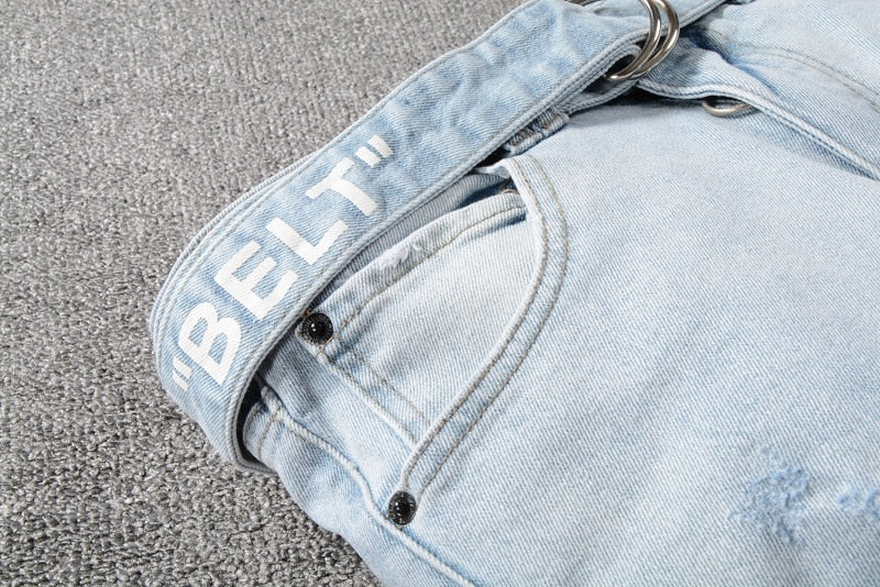 Distressed Washed Blue with Long Belt Style Men Jeans