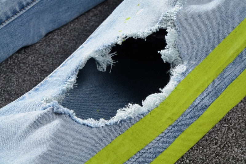 Green Side Stripes One Hollow Out Style Men Jeans