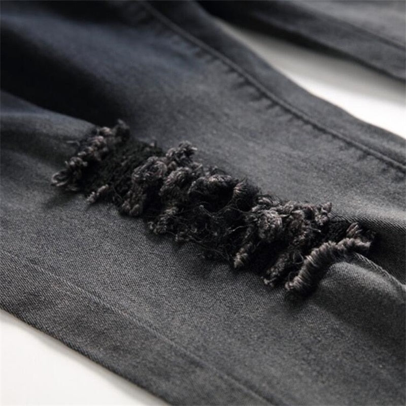 Ripped Knee Skinny Slim Black Grey Casual Men Jeans