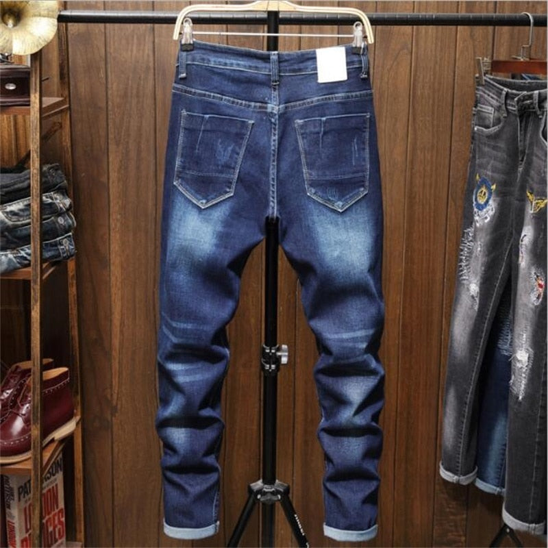 Yellow Letters and White Tiger Head Embroidery Slim Style Men Jeans