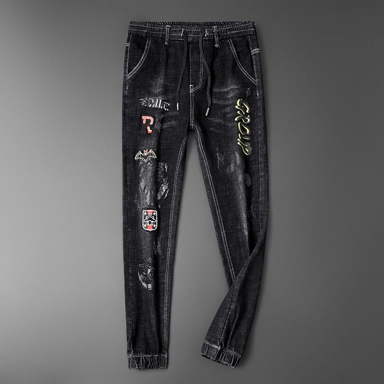 Bats Embroidery and Letter Printing Decorated Jeans