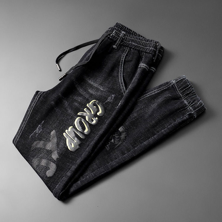 Bats Embroidery and Letter Printing Decorated Jeans