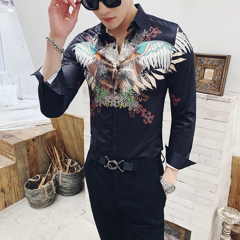 Flying Eagle Printing Chemise à manches longues pour hommes de style coupe ajustée