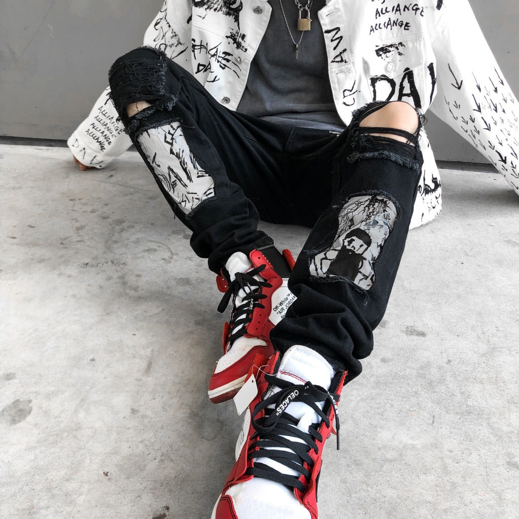 Black Destroyed Ripped with Graffiti Print Streetwear Men Jeans