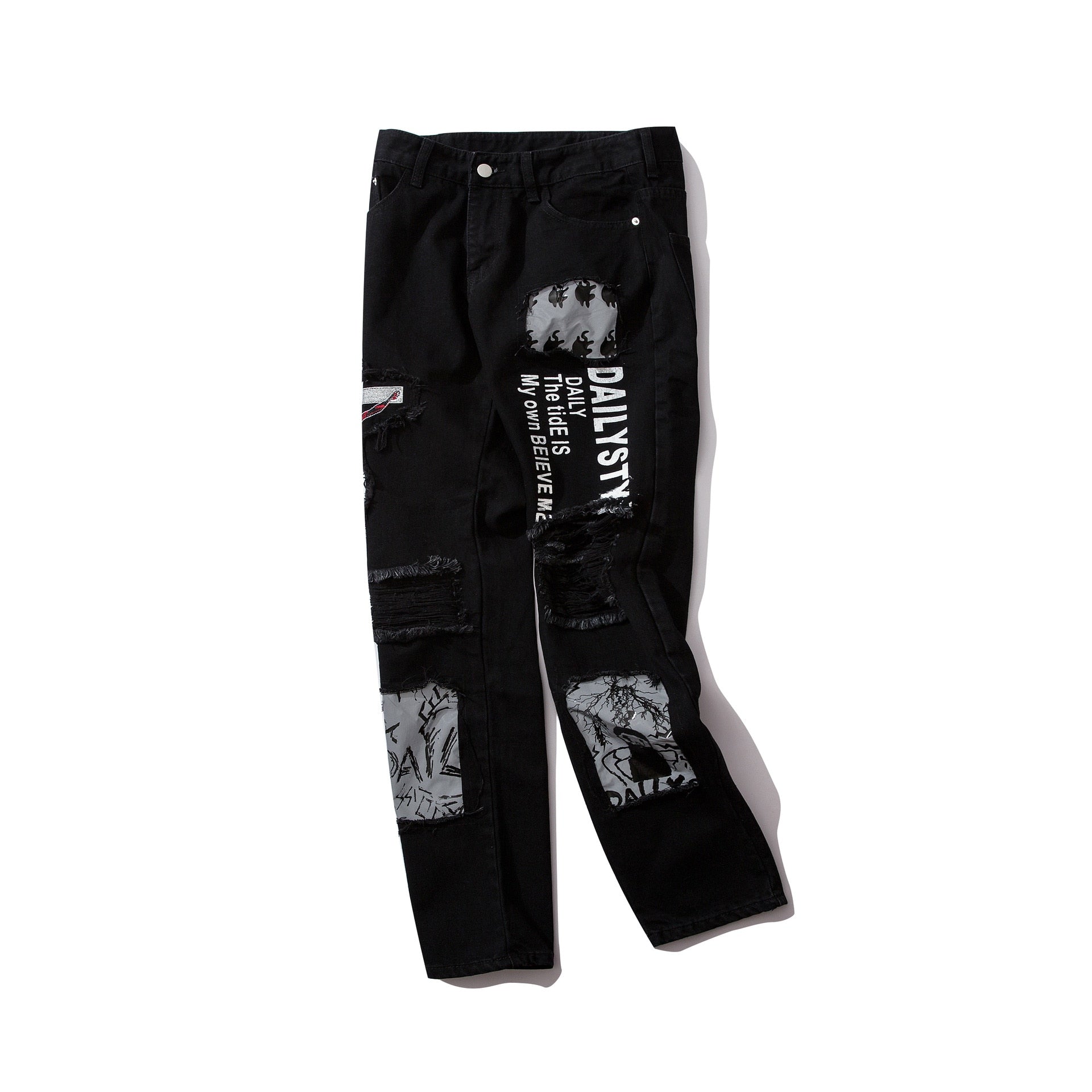 Black Destroyed Ripped with Graffiti Print Streetwear Men Jeans