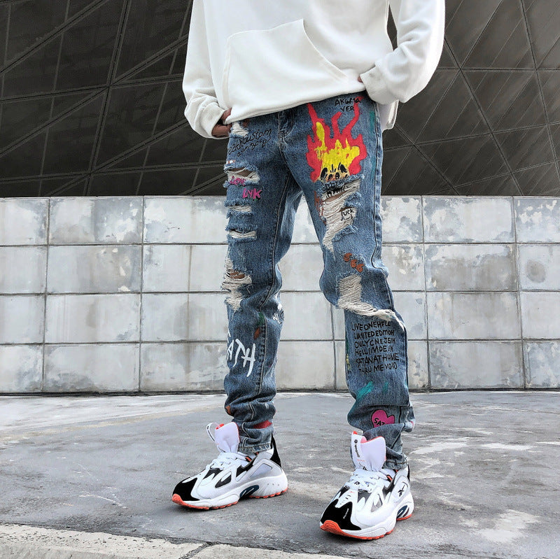 Destroyed Ripped Fire Broken Graffiti Print Men Jeans