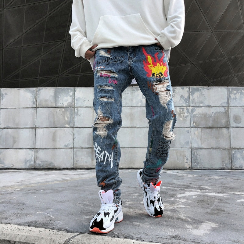 Destroyed Ripped Fire Broken Graffiti Print Men Jeans