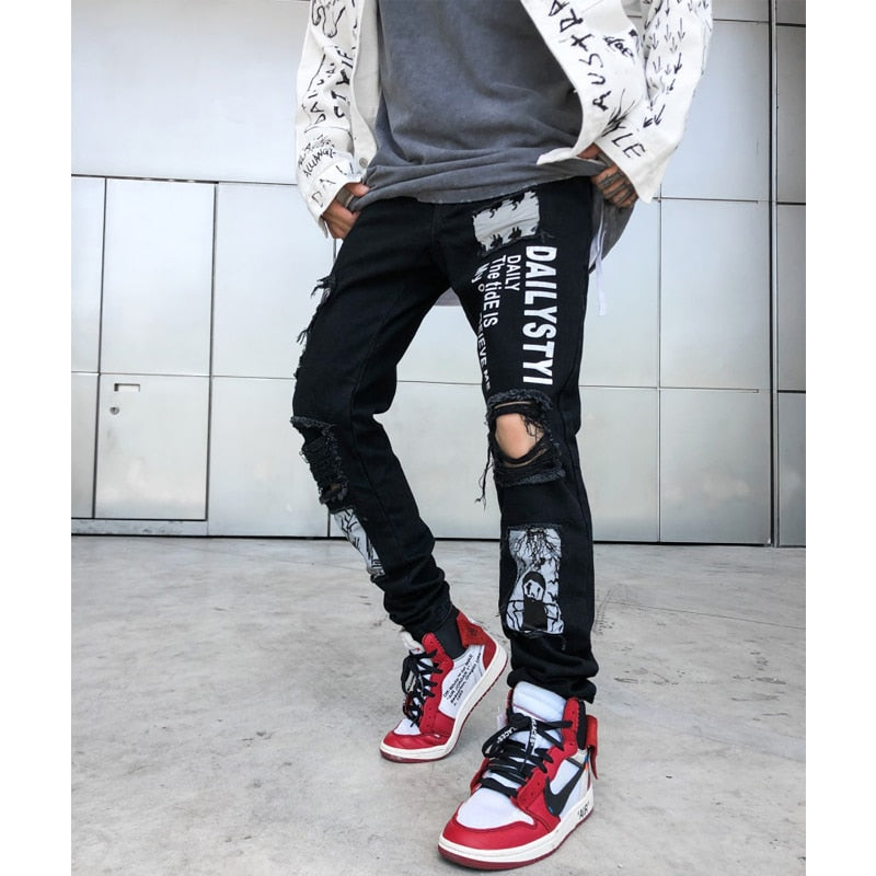 Black Destroyed Ripped with Graffiti Print Streetwear Men Jeans
