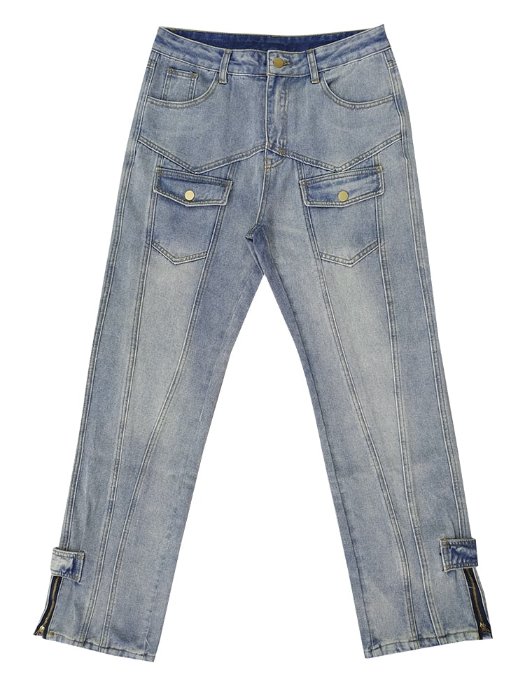 Pockets and Fake Zipper Blue Jeans