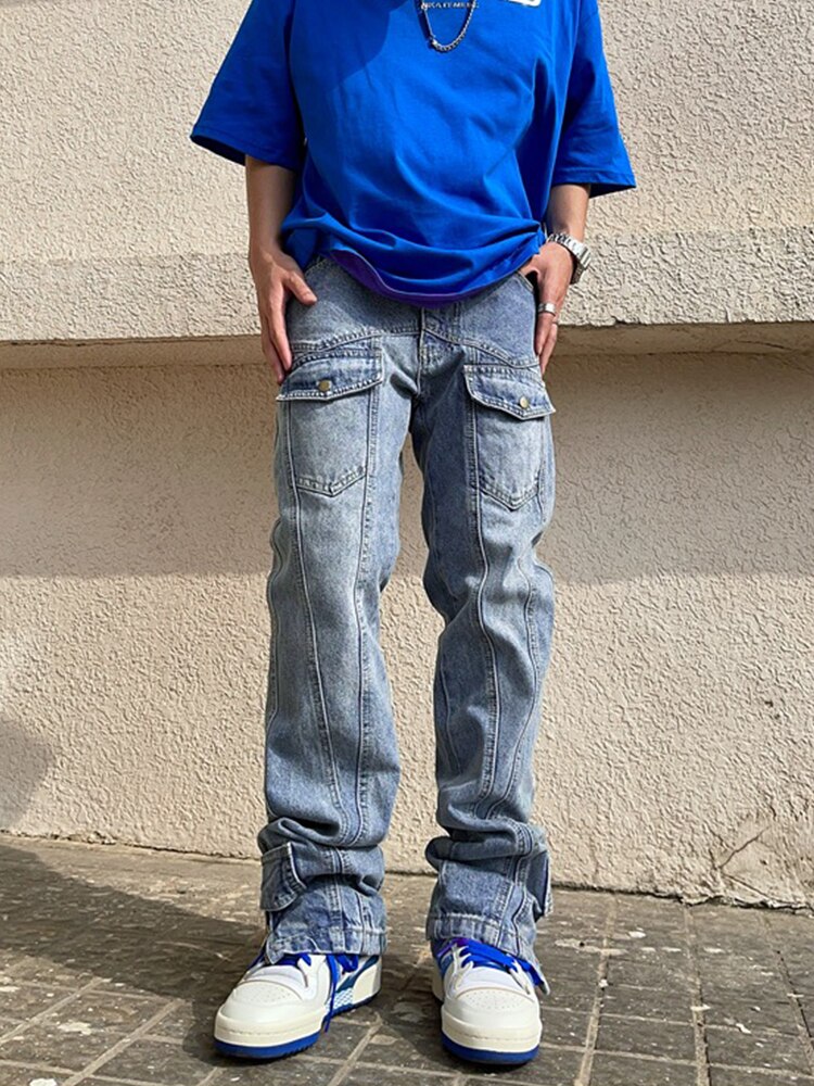Pockets and Fake Zipper Blue Jeans