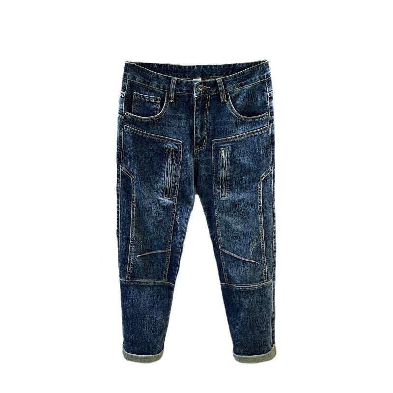 Blue Ripped Square Patchwork Biker Jeans