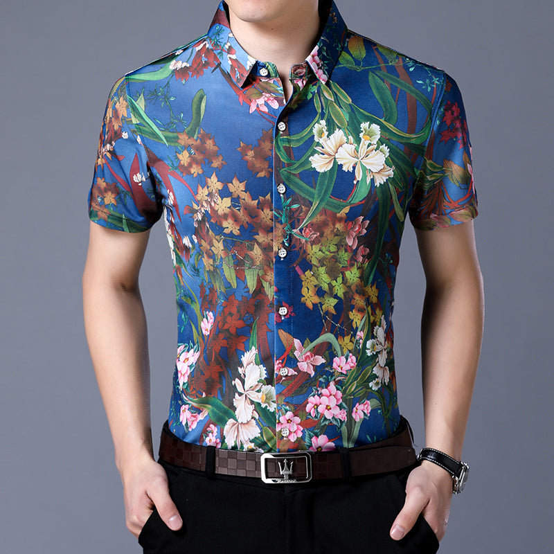 Ocean Blue in Floral Pattern Print Men Slim Fit Shirt - FanFreakz