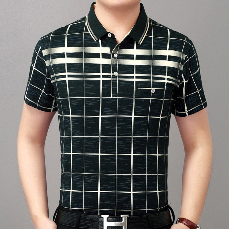 Lattice Plaid Printed Men Short Sleeve Polo Shirt