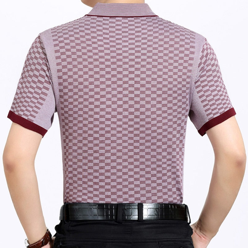 Plaid Pattern Decorated Solid Color Polo Shirt