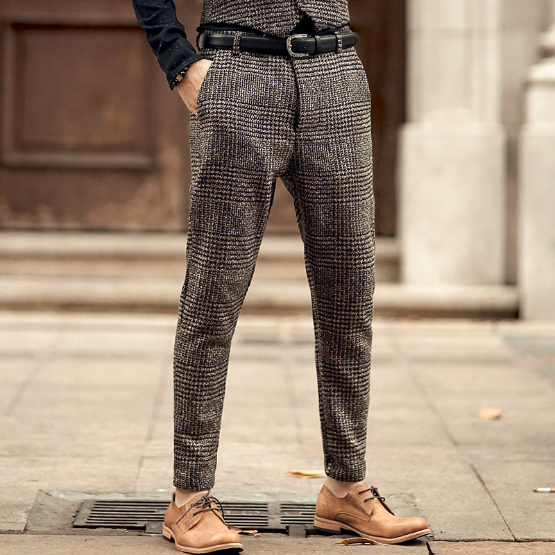 Casual Grey Plaid Woolen Stretch Men Trousers