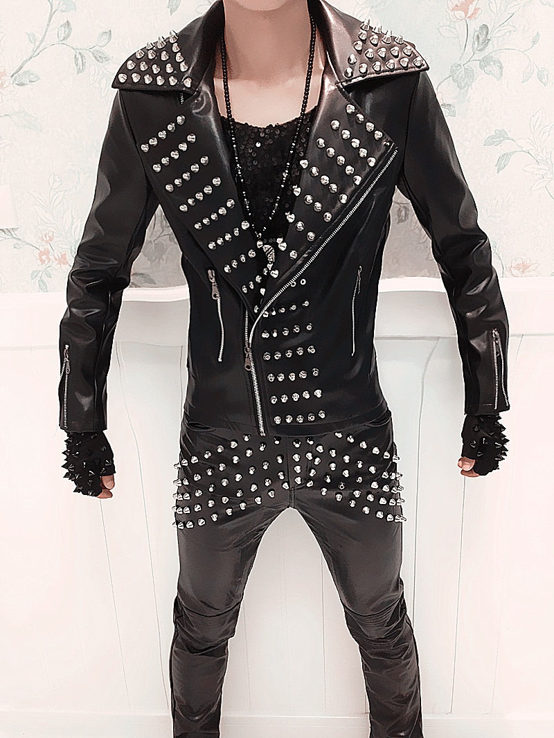 Chanteur Punk Rock Rivets Noir Style Hommes Veste En Cuir