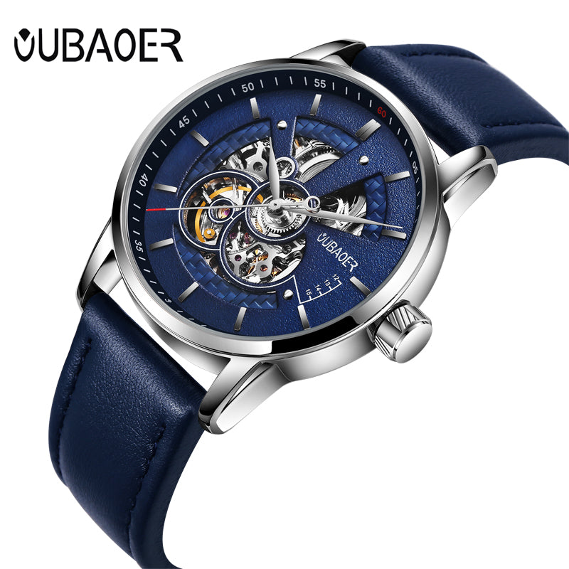 Simple Sport Style Semi Skeleton Men Automatic Watch with Leather Strap