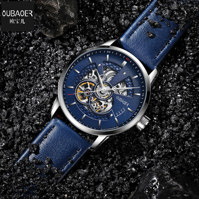 Simple Sport Style Semi Skeleton Men Automatic Watch with Leather Strap