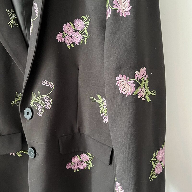 Floral Embroidery Black Blazer