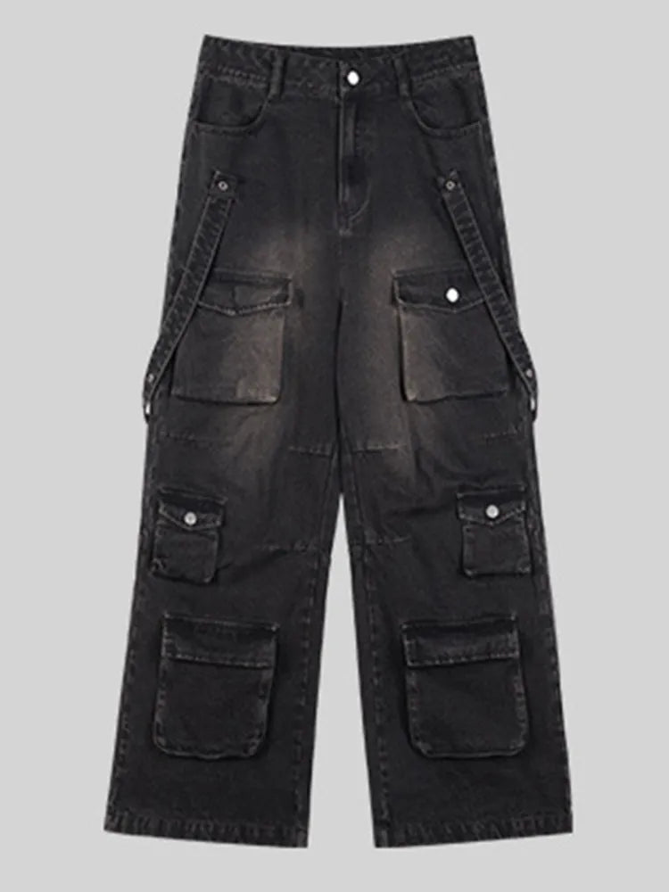 Street Multi Pocket Loose Black Jeans