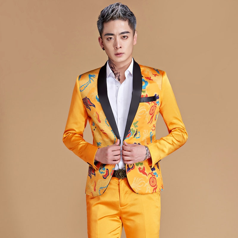 Shawl Lapel Bright Chinese Style Pattern Men Blazer
