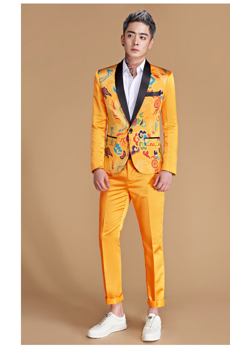 Shawl Lapel Bright Chinese Style Pattern Men Blazer