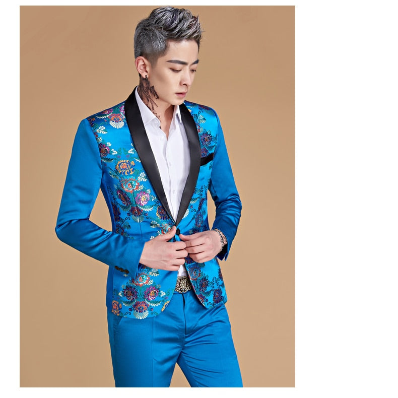 Shawl Lapel Bright Chinese Style Pattern Men Blazer