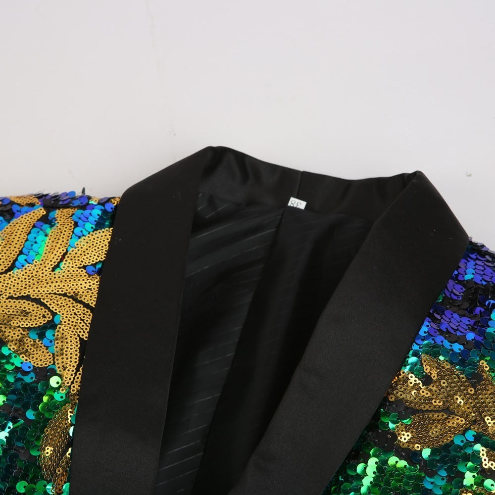 Green Blue Gold Leaves Pattern Sequins Detail Men Blazer