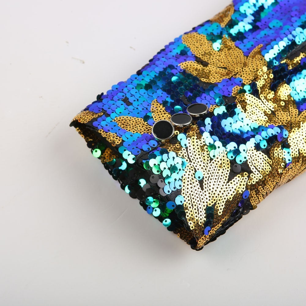 Green Blue Gold Leaves Pattern Sequins Detail Men Blazer