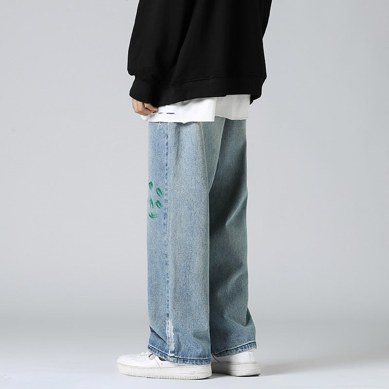 Abstract Paint Decoration Loose Mid Waist Jeans
