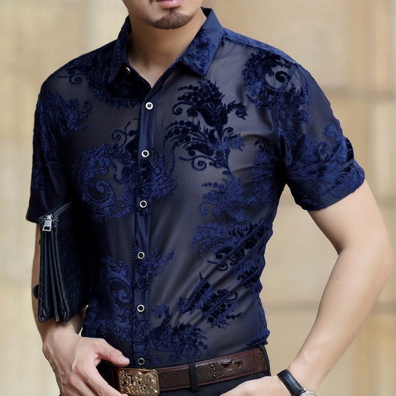 Baroque Floral Pattern Transparent Men Short Sleeve Shirt - FanFreakz