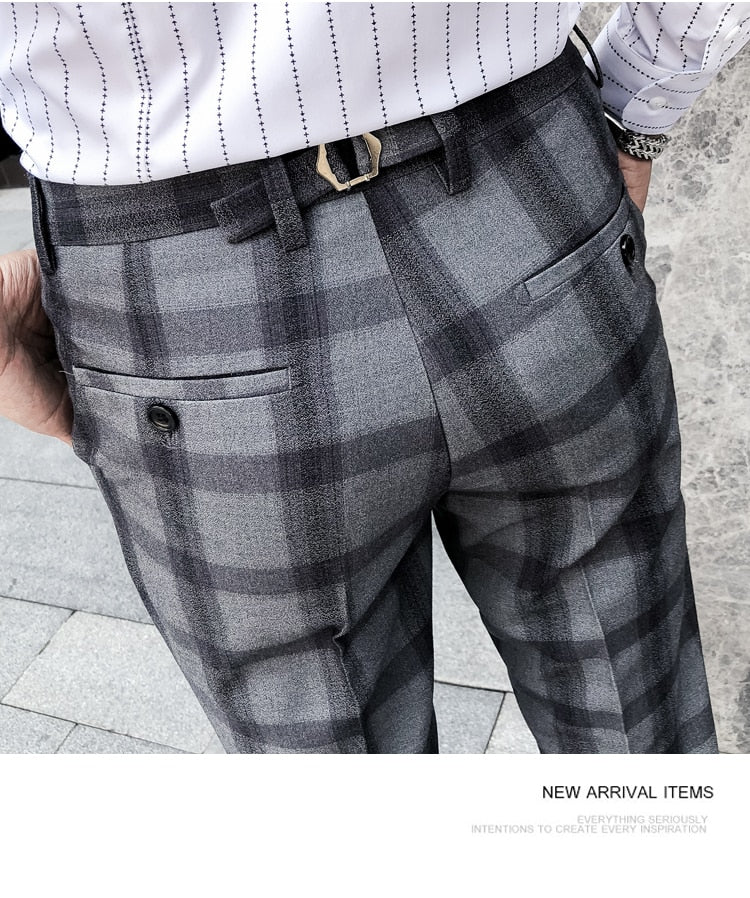Black Grey Slim Fit Neat Dress British Style Men Trouser