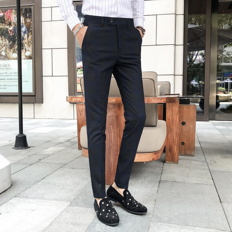 Black Grey Slim Fit Neat Dress British Style Men Trouser