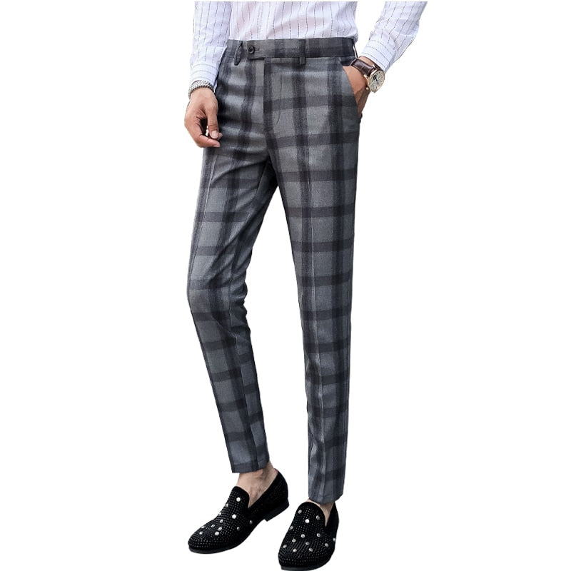 Black Grey Slim Fit Neat Dress British Style Men Trouser