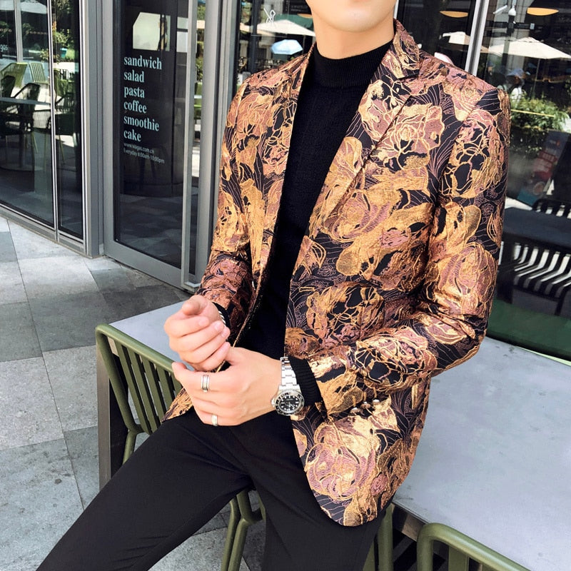Rose Gold Jacquard Stage Costume Style Men Blazer - As picture / Asian 5XL Rose Gold Jacquard Stage Costume Style Men Blazer - As picture / Asian 5XL