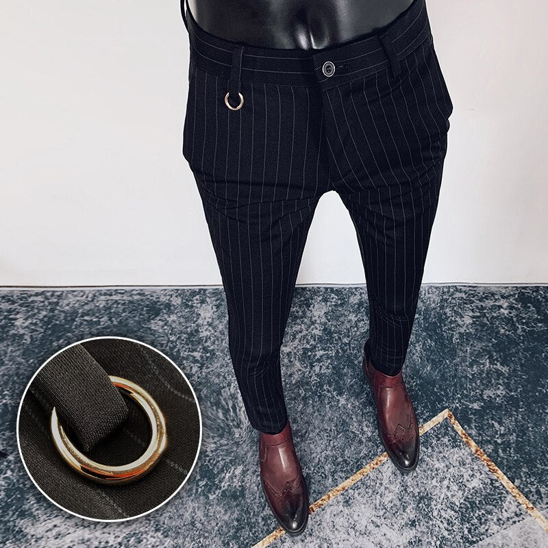 Black Striped O-Ring Polyester Trousers