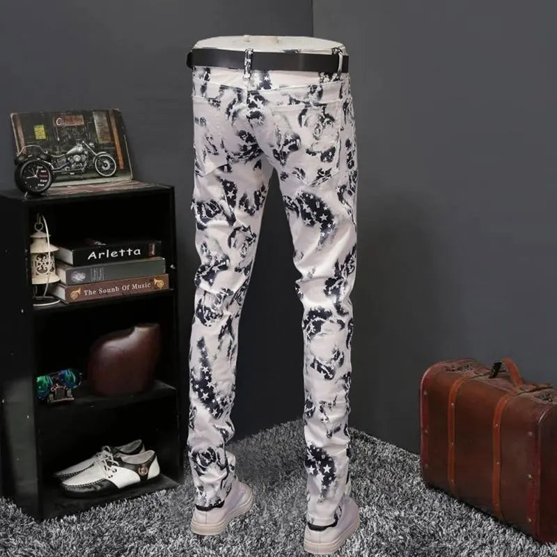 White Color Printed Pattern Jeans