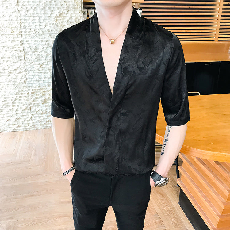 Summer Jaquard Shinny Deep V Sexy Men Shirt - FanFreakz