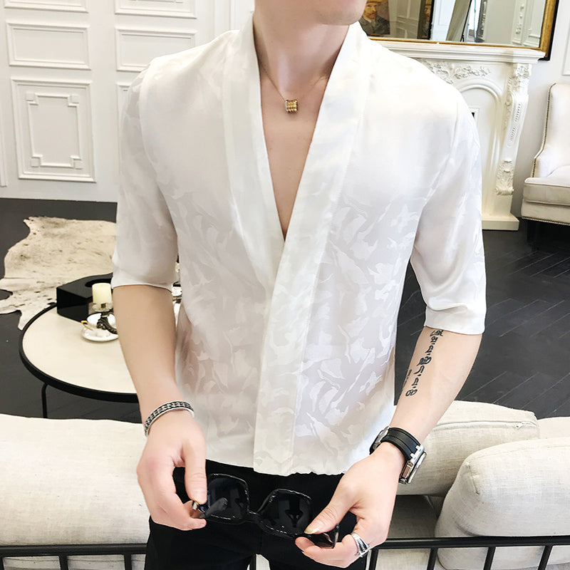 Summer Jaquard Shinny Deep V Sexy Men Shirt - FanFreakz