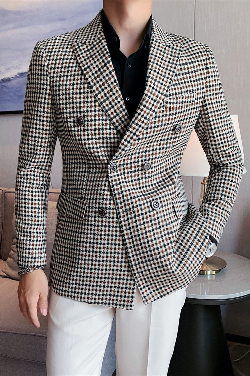 Geometric Plaid Peak Lapel Style Blazer