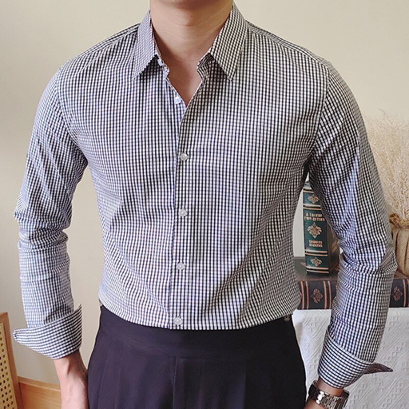 Slim Fit Business Formal Plaid Men Shirt