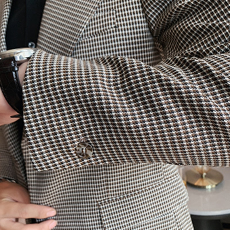 Grey Plaid Pattern Single Button Blazer