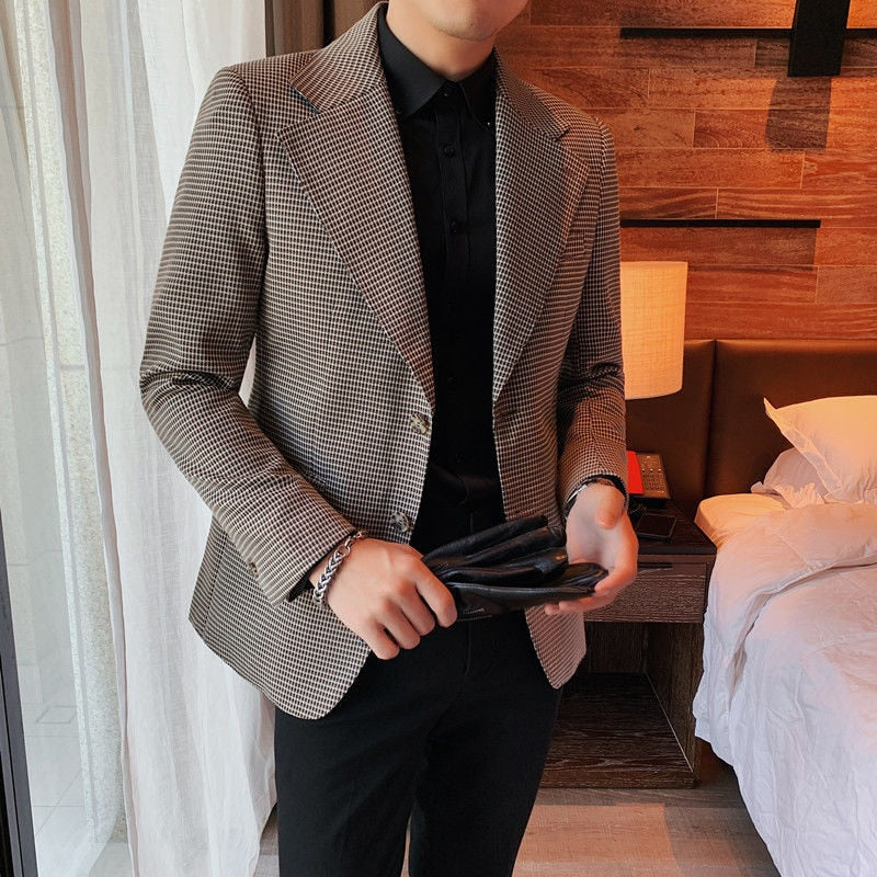 Grey Plaid Pattern Single Button Blazer