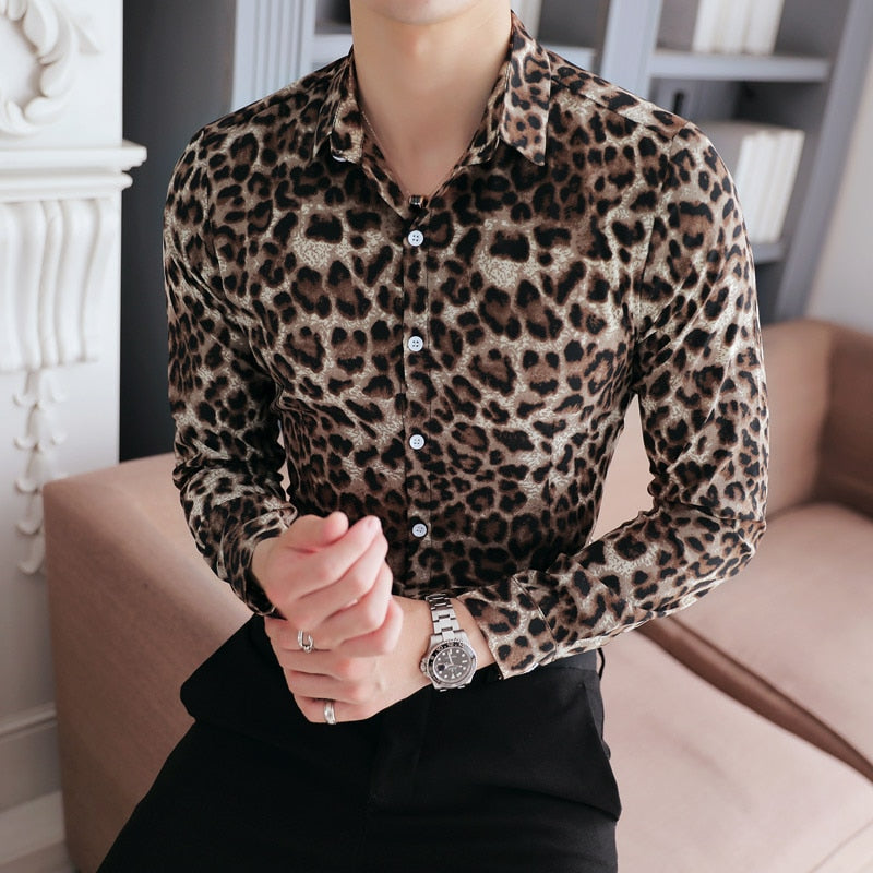 Gallant Leopard Print Slim Design Men Long Sleeves Shirts