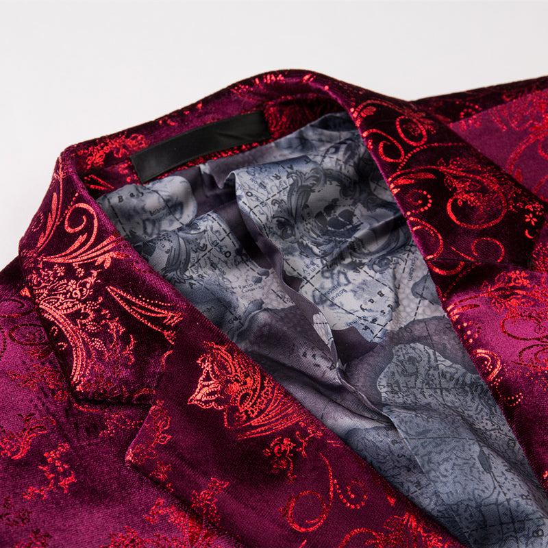 Baroque Pattern Men Slim Fit Burgundy Velvet Blazer - FanFreakz